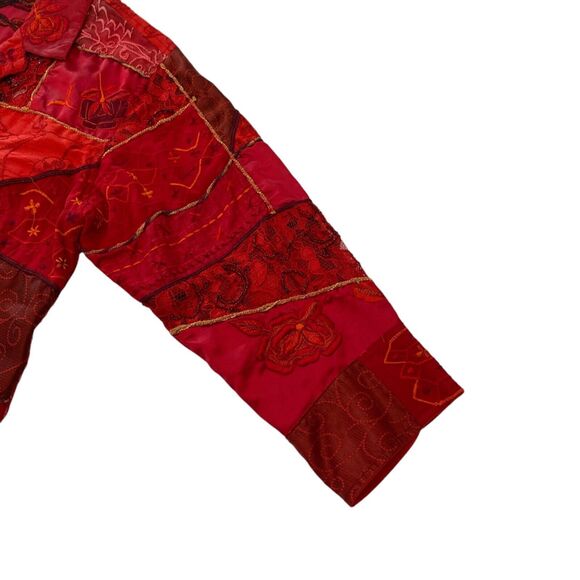 VTG Chicos Patchwork Button Up Top Womens Small Red Beaded Silk Blend Satin Boho - Picture 8 of 14